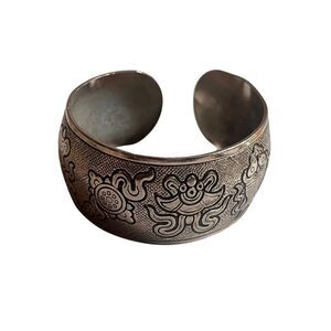 Antique Silver Tibetan Buddha Symbols Cuff Good Fortune Vintage Bracelet